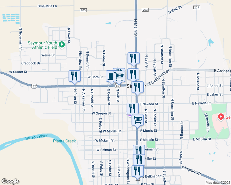 map of restaurants, bars, coffee shops, grocery stores, and more near 207 West California Street in Seymour