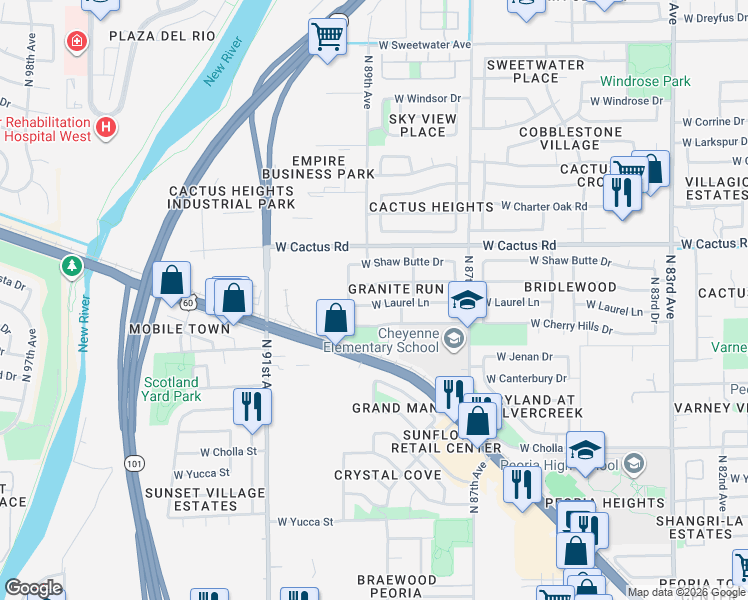 map of restaurants, bars, coffee shops, grocery stores, and more near 8915 West Paradise Drive in Peoria
