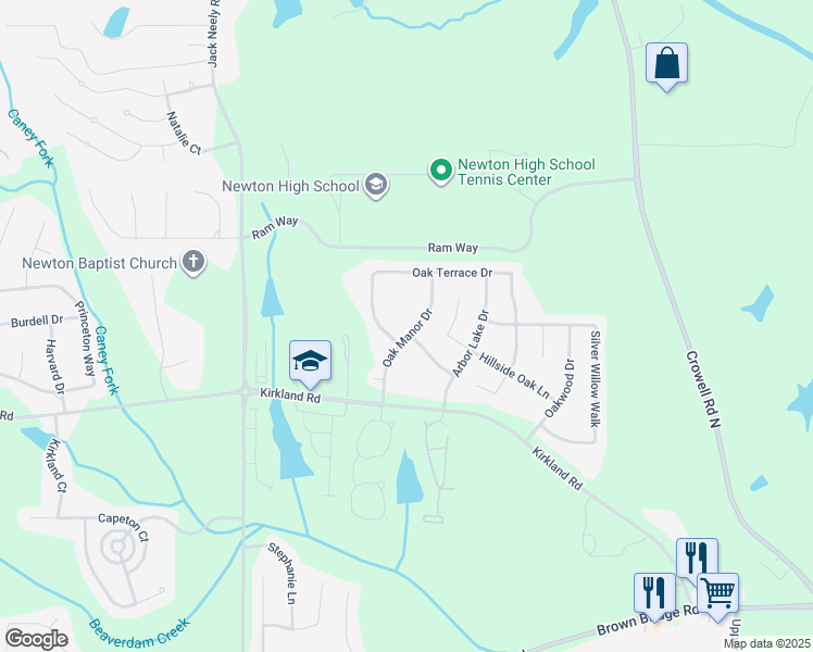 map of restaurants, bars, coffee shops, grocery stores, and more near 135 Oak Manor Drive in Covington