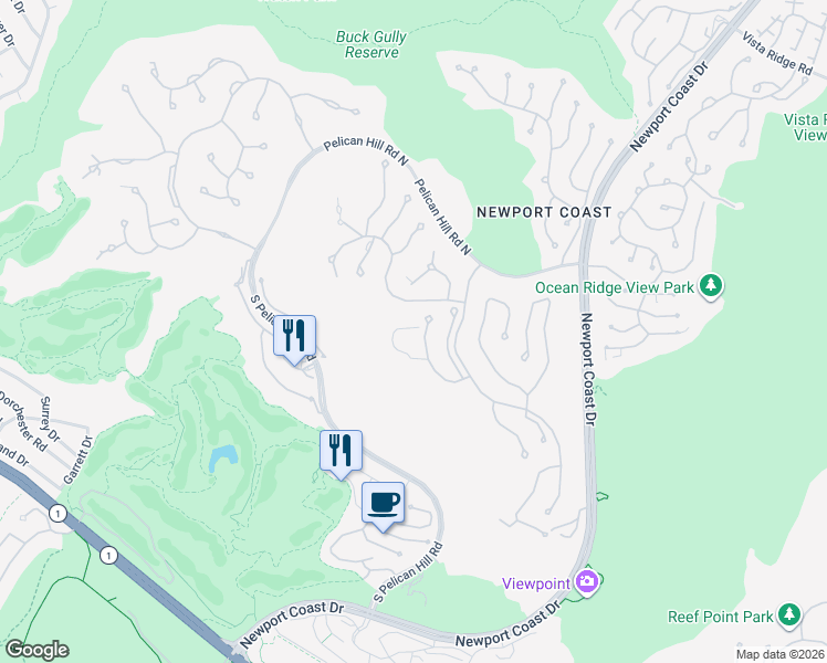 map of restaurants, bars, coffee shops, grocery stores, and more near 5 Pelican Vista Drive in Newport Beach