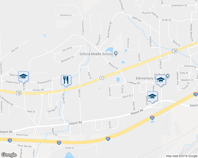 map of restaurants, bars, coffee shops, grocery stores, and more near 1988 U.S. 78 in Oxford