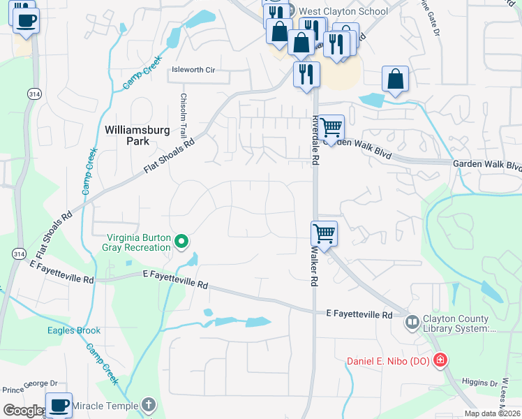 map of restaurants, bars, coffee shops, grocery stores, and more near 5933 Heatherwood Lane in Riverdale
