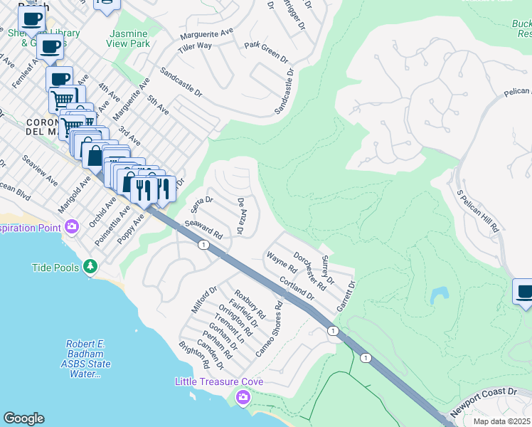 map of restaurants, bars, coffee shops, grocery stores, and more near 552 Seaward Road in Newport Beach