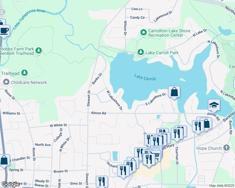 map of restaurants, bars, coffee shops, grocery stores, and more near 135 West Lakeshore Drive in Carrollton