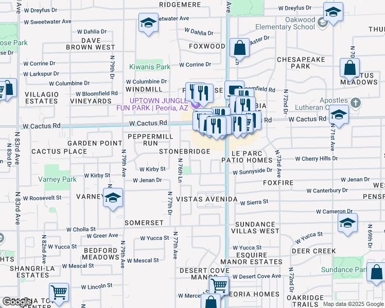map of restaurants, bars, coffee shops, grocery stores, and more near 11857 North 76th Drive in Peoria