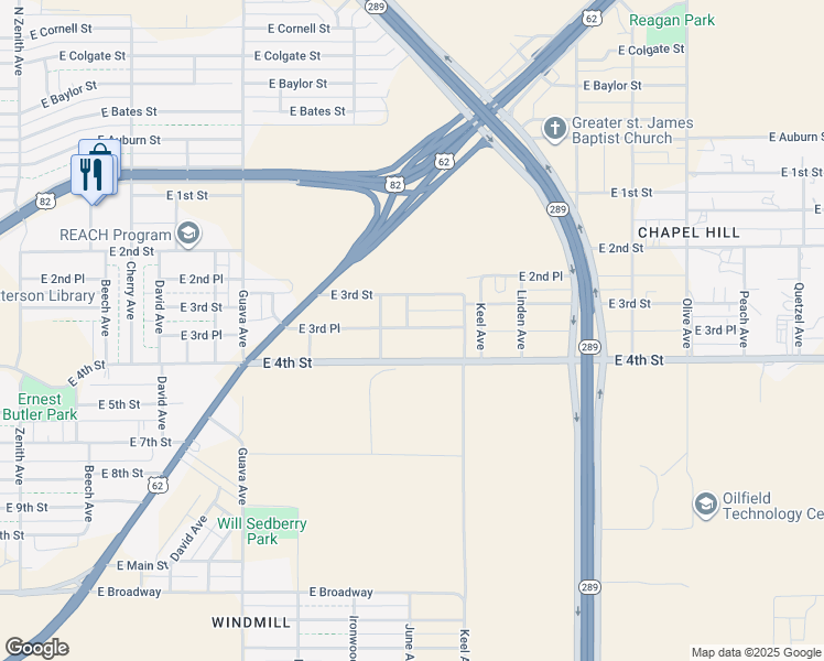 map of restaurants, bars, coffee shops, grocery stores, and more near 3605 East 3rd Place in Lubbock