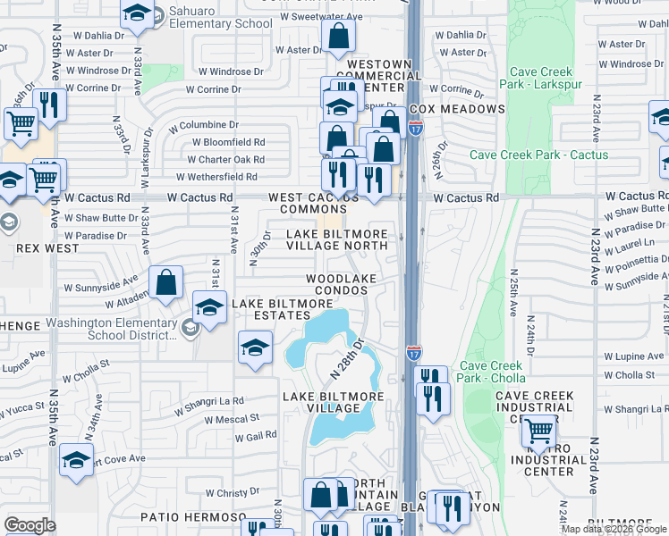 map of restaurants, bars, coffee shops, grocery stores, and more near 11666 North 28th Drive in Phoenix