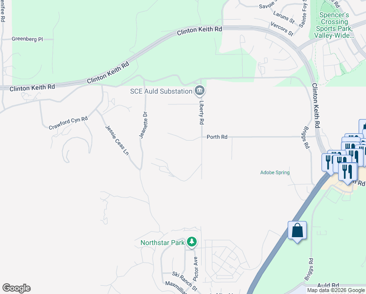 map of restaurants, bars, coffee shops, grocery stores, and more near 29825 Porth Road in Murrieta