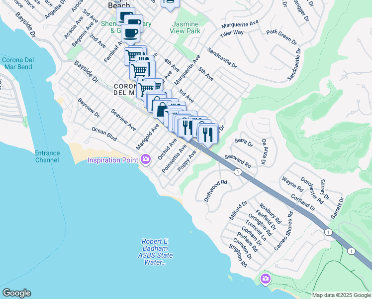 map of restaurants, bars, coffee shops, grocery stores, and more near 328 Poinsettia Avenue in Newport Beach