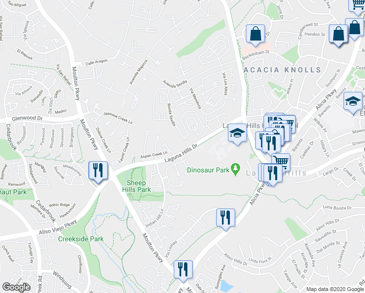 map of restaurants, bars, coffee shops, grocery stores, and more near 835 Ronda Sevilla in Laguna Hills