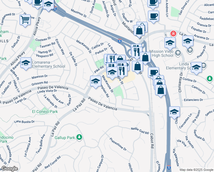 map of restaurants, bars, coffee shops, grocery stores, and more near 25381 Mackenzie Street in Laguna Hills