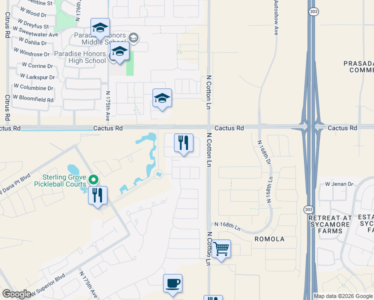map of restaurants, bars, coffee shops, grocery stores, and more near 17193 West Montpelier Street in Surprise