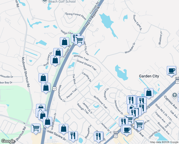 map of restaurants, bars, coffee shops, grocery stores, and more near 858 Blue Ridge Trail in Murrells Inlet