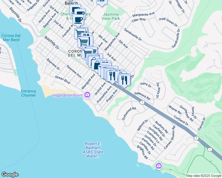 map of restaurants, bars, coffee shops, grocery stores, and more near 328 Poinsettia Avenue in Newport Beach
