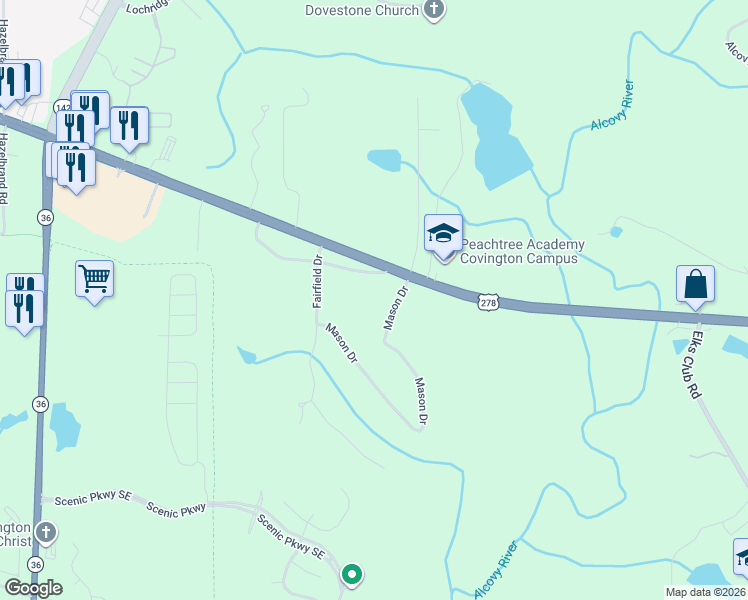 map of restaurants, bars, coffee shops, grocery stores, and more near 150 McGuirts Bridge Road in Covington