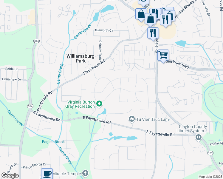 map of restaurants, bars, coffee shops, grocery stores, and more near 1387 Willow Drive in Riverdale