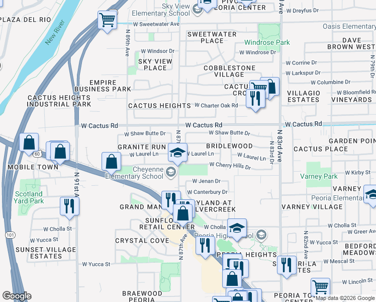 map of restaurants, bars, coffee shops, grocery stores, and more near 8625 West Paradise Drive in Peoria