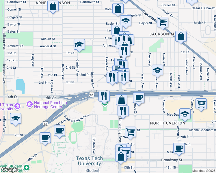 map of restaurants, bars, coffee shops, grocery stores, and more near 330 University Avenue in Lubbock