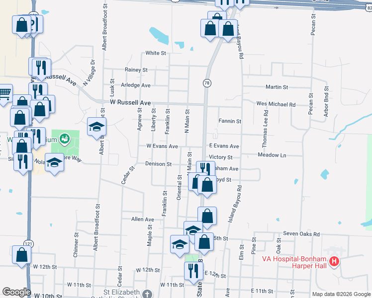 map of restaurants, bars, coffee shops, grocery stores, and more near 105 East Evans Avenue in Bonham