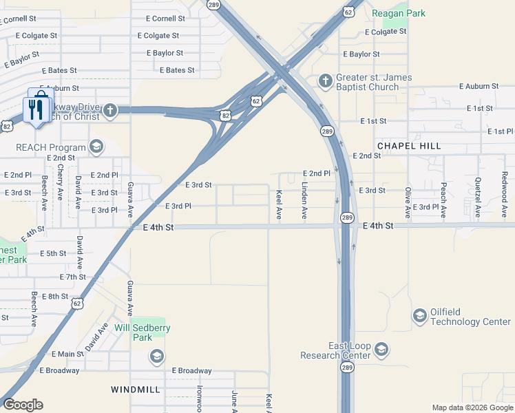 map of restaurants, bars, coffee shops, grocery stores, and more near 3621 East 3rd Place in Lubbock