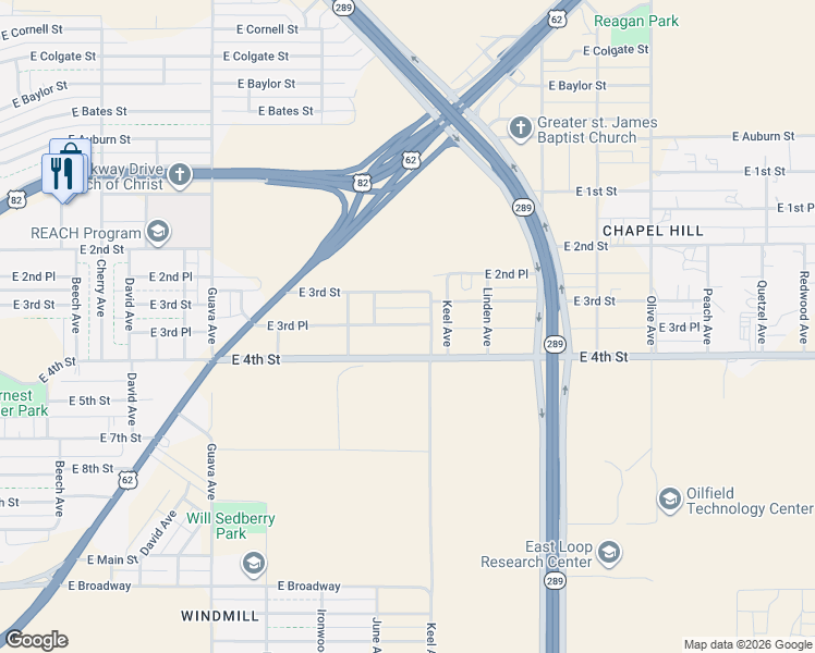 map of restaurants, bars, coffee shops, grocery stores, and more near 3621 East 3rd Place in Lubbock