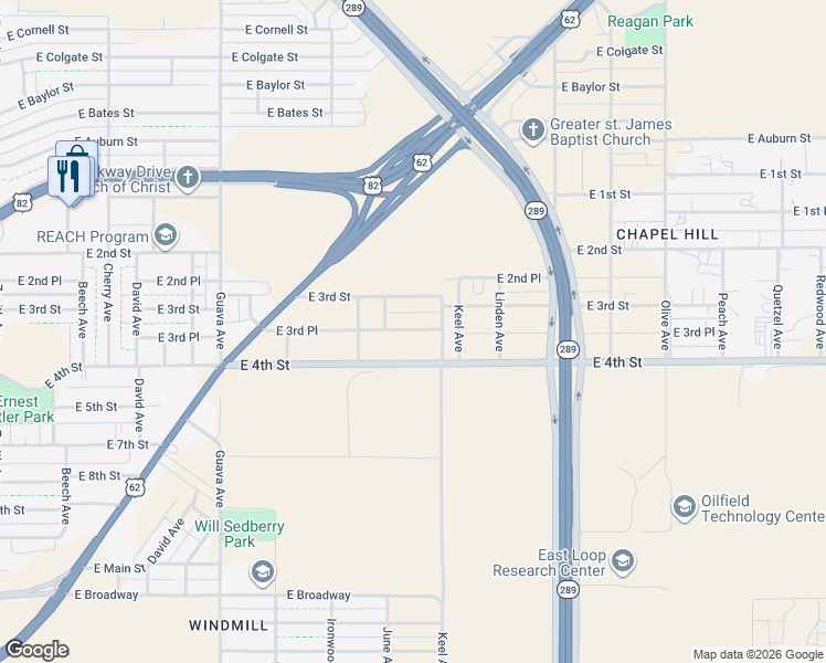 map of restaurants, bars, coffee shops, grocery stores, and more near 3621 East 3rd Place in Lubbock