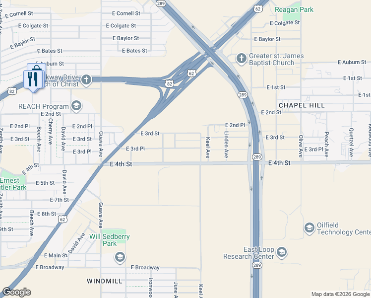 map of restaurants, bars, coffee shops, grocery stores, and more near 3605 East 3rd Place in Lubbock