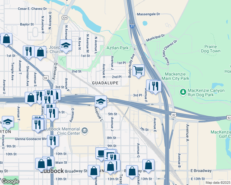 map of restaurants, bars, coffee shops, grocery stores, and more near 1102 3rd Street in Lubbock