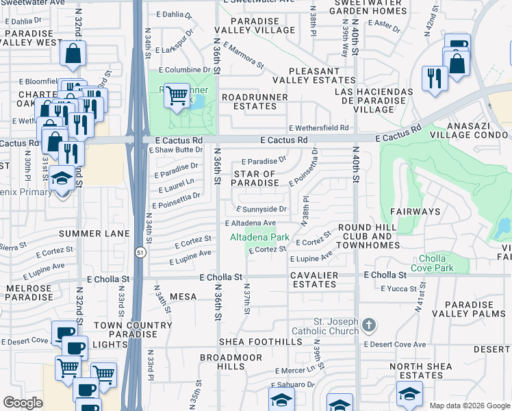 map of restaurants, bars, coffee shops, grocery stores, and more near 11804 North 37th Way in Phoenix