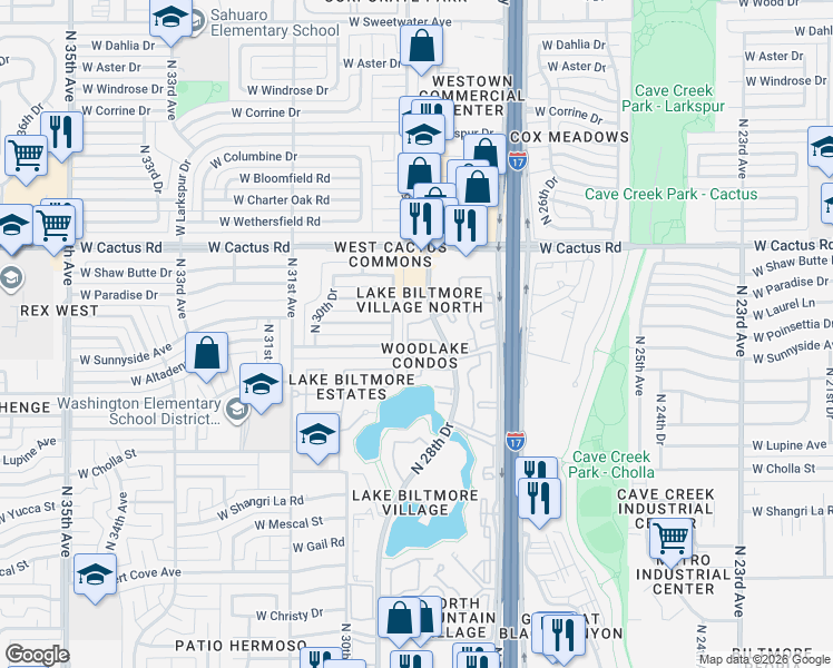 map of restaurants, bars, coffee shops, grocery stores, and more near 11666 North 28th Drive in Phoenix