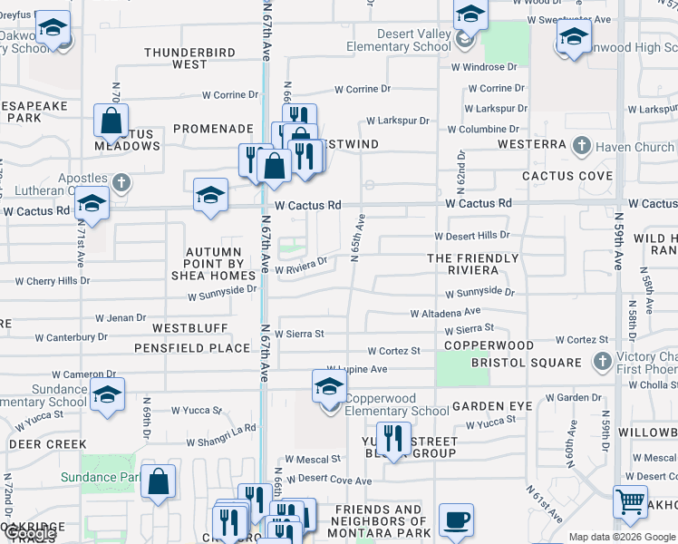 map of restaurants, bars, coffee shops, grocery stores, and more near 6524 West Poinsettia Drive in Glendale