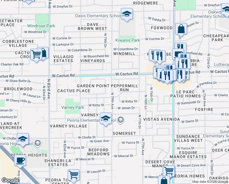 map of restaurants, bars, coffee shops, grocery stores, and more near 11927 North 79th Avenue in Peoria
