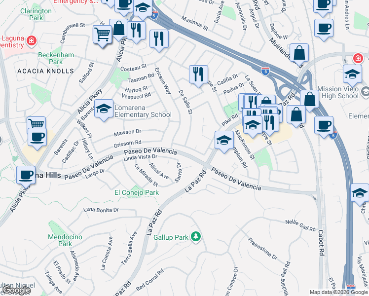 map of restaurants, bars, coffee shops, grocery stores, and more near 25412 Grissom Road in Laguna Hills