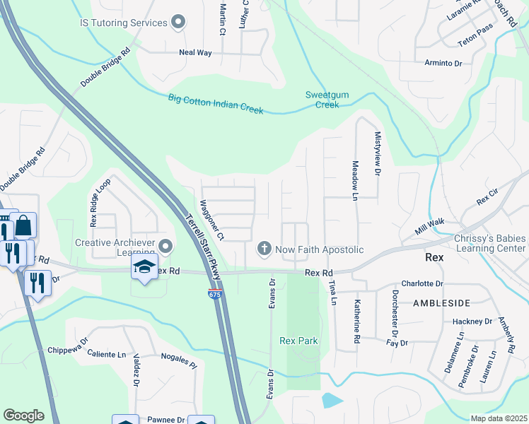 map of restaurants, bars, coffee shops, grocery stores, and more near 5885 Waggoner Cove in Rex