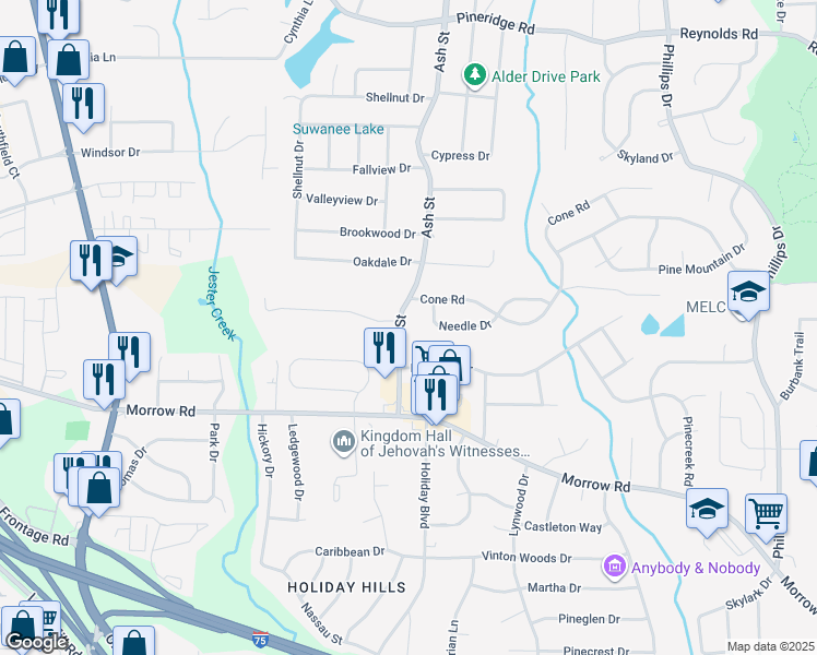 map of restaurants, bars, coffee shops, grocery stores, and more near 5891 Ash Street in Forest Park