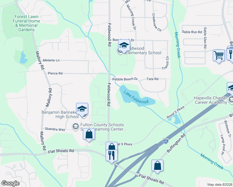 map of restaurants, bars, coffee shops, grocery stores, and more near 6230 Feldwood Road in College Park