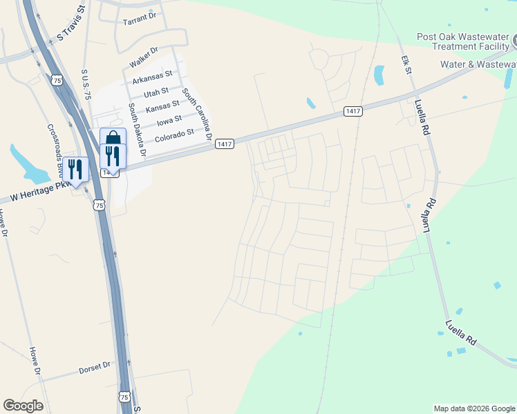 map of restaurants, bars, coffee shops, grocery stores, and more near 153-199 Farm to Market Road 1417 in Sherman