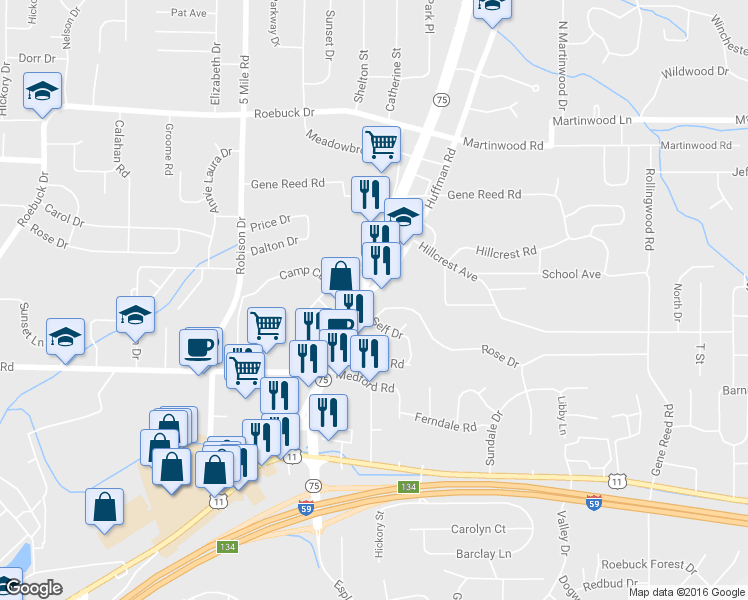 map of restaurants, bars, coffee shops, grocery stores, and more near 403 Huffman Road in Center Point