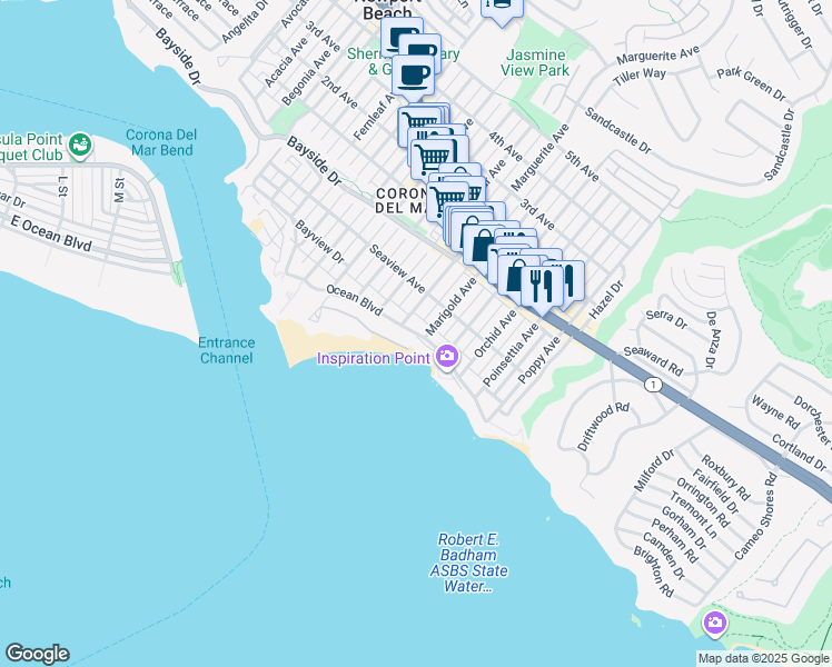 map of restaurants, bars, coffee shops, grocery stores, and more near 2 Narcissus Avenue in Newport Beach