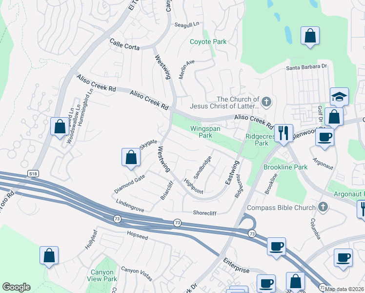 map of restaurants, bars, coffee shops, grocery stores, and more near 15 Tanglewood in Aliso Viejo