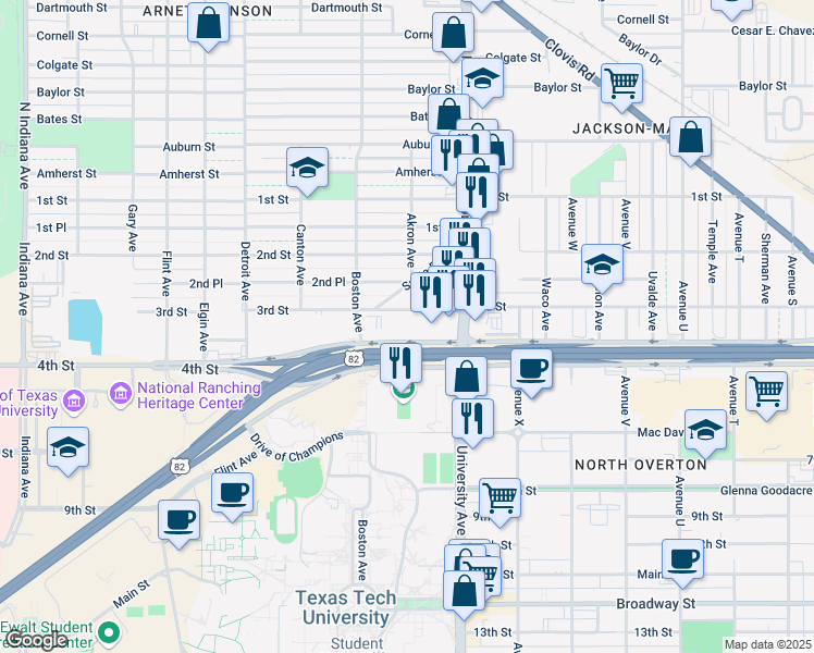 map of restaurants, bars, coffee shops, grocery stores, and more near 2520 Marsha Sharp Freeway in Lubbock