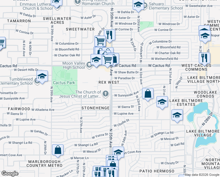 map of restaurants, bars, coffee shops, grocery stores, and more near North 35th Avenue in Phoenix