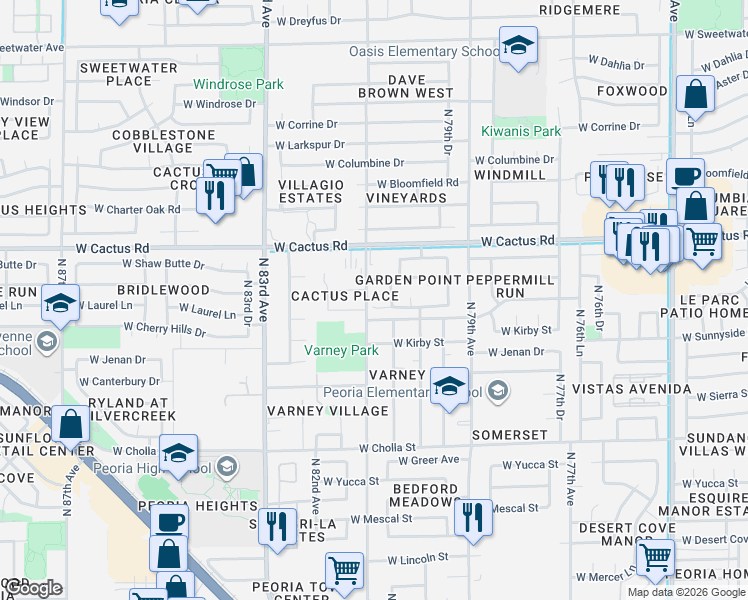 map of restaurants, bars, coffee shops, grocery stores, and more near 8057 West Paradise Drive in Peoria