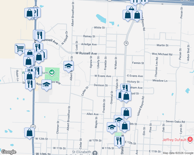 map of restaurants, bars, coffee shops, grocery stores, and more near 320 West Evans Avenue in Bonham