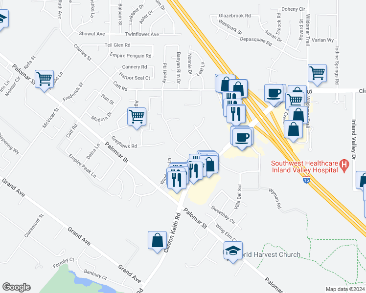 map of restaurants, bars, coffee shops, grocery stores, and more near 23347 Crystal Way in Wildomar