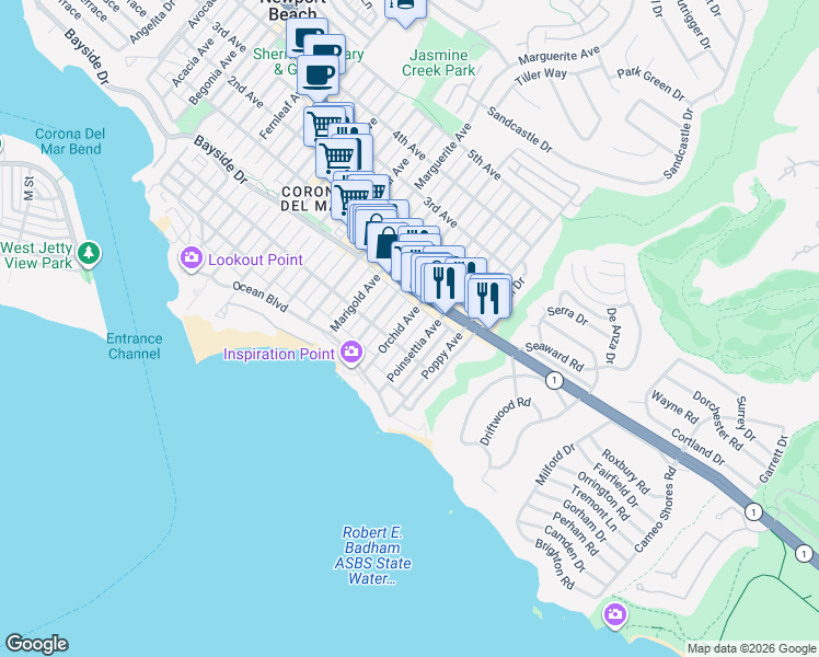 map of restaurants, bars, coffee shops, grocery stores, and more near 314 Orchid Avenue in Newport Beach