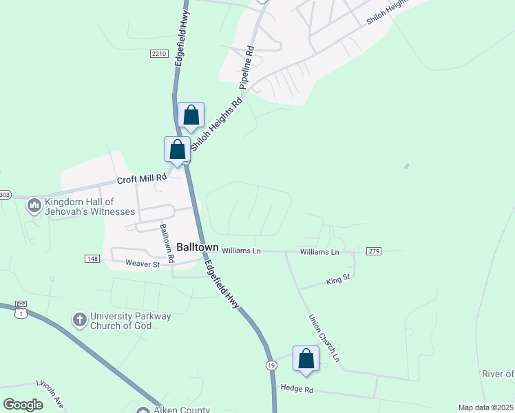 map of restaurants, bars, coffee shops, grocery stores, and more near 1268 Edgefield Highway in Aiken