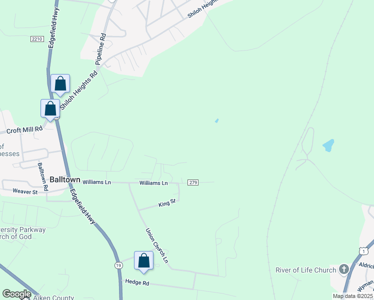map of restaurants, bars, coffee shops, grocery stores, and more near 281 Rosier Circle in Aiken