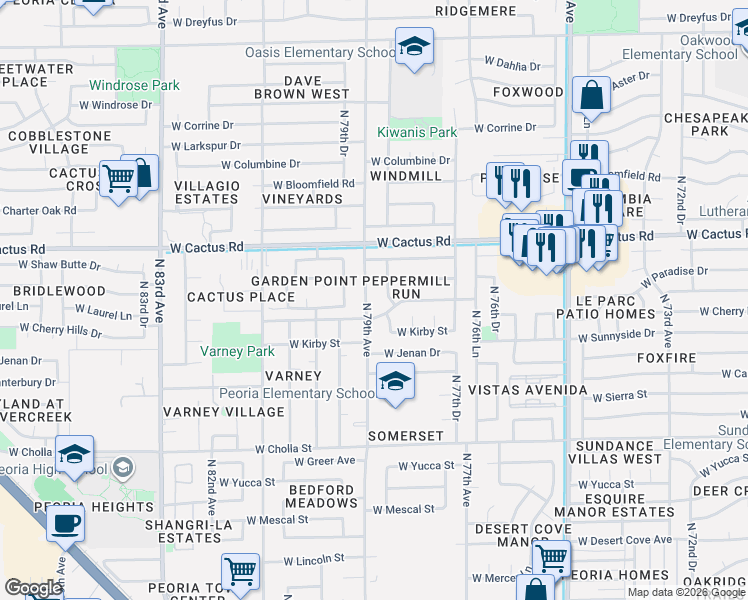 map of restaurants, bars, coffee shops, grocery stores, and more near 11927 North 79th Avenue in Peoria