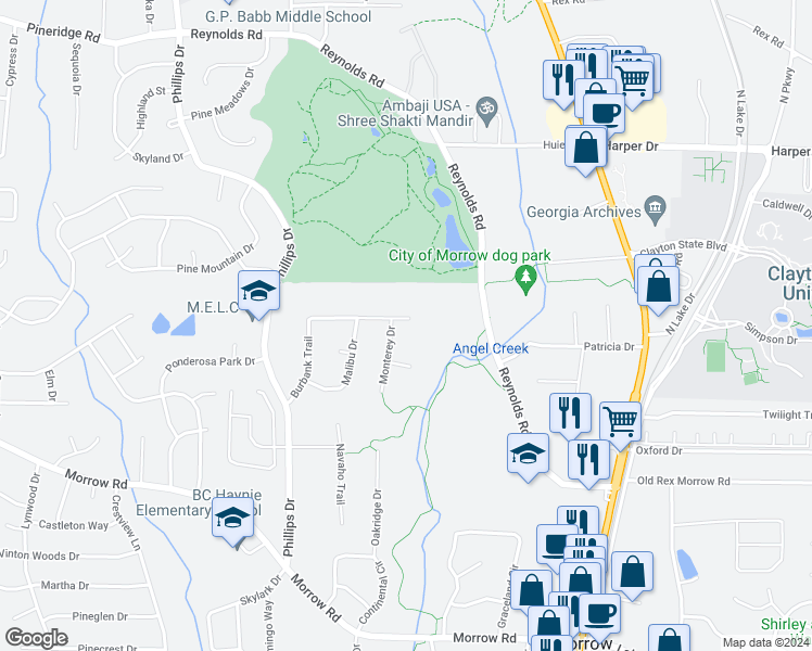 map of restaurants, bars, coffee shops, grocery stores, and more near 1343 Burbank Trail in Morrow